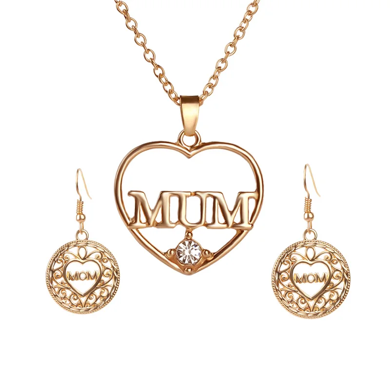 Piercing Heart Mum Pendant Necklace Drop Earring Gold Jewelry Sets For