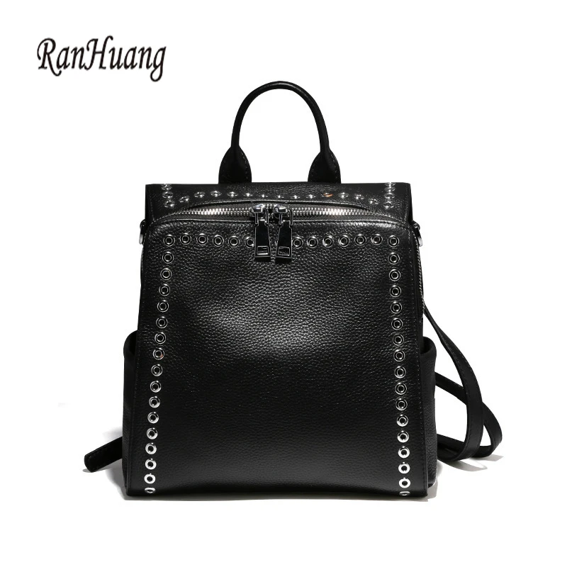 

RanHuang New 2017 High Quality Women Genuine Leather Backpack Rivet Design Fashion Backpack Teenage Girls Travel Bags Black A831