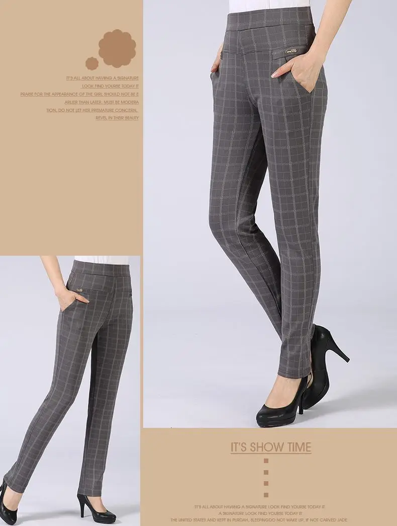 Spring Autumn Woman Casual Pant Navy Blue Black Khaki Gray Trousers Middle Aged Women Plaid Pattern Pants High Waist Trousers Mother Bottoms (8)