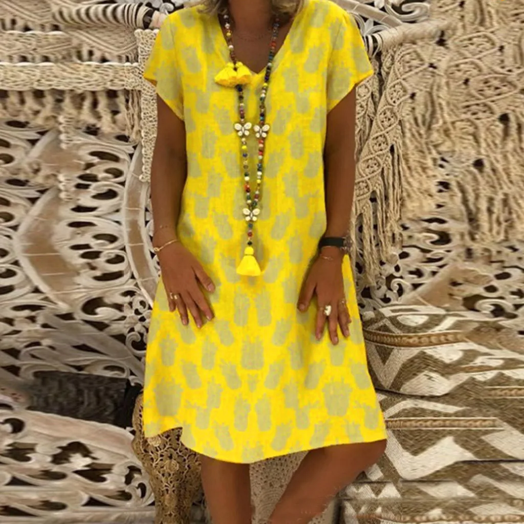 

Fashion Women Short Sleeveless V-Neck Fruit Print Casual Dress dresses large sizes vestido bayan plaj elbisesi summer clothes
