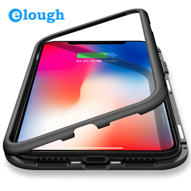 Elough luxury magnetic adsorption case for iphone 7 8 X Plus Phone metal bumper tempered glass back cover coque fundas capa |