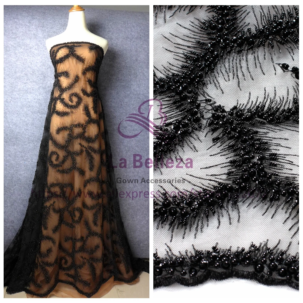 

La Belleza 1 yard super heavy brown/black/pink handmade beading lace fabric wedding dress lace fabric 47'' width