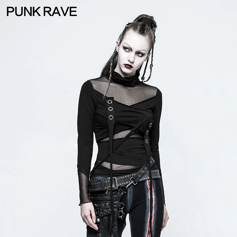 PUNK RAVE Women Punk Rock Mesh Sexy T-shirt Gothic Black Korean Fashion Tops Casual Long Sleeve Tops Tee