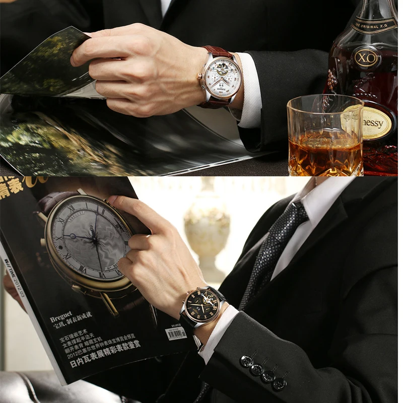 KINYUED Скелет механические часы с турбийоном Мужские автоматические классическая роза Золотые кожаные механические ручные часы Reloj Hombre