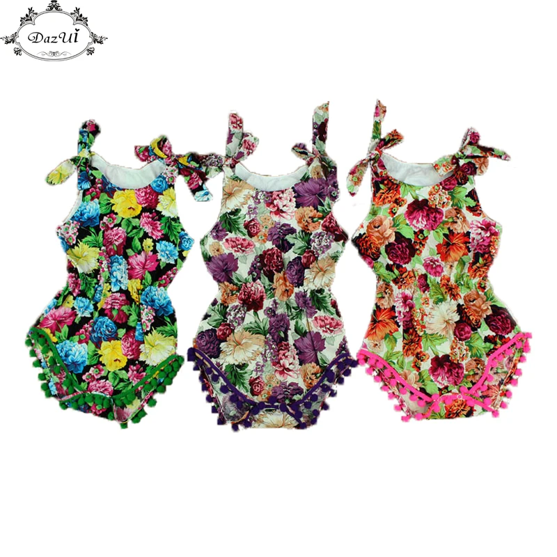 Summer Baby Clothes Floral Pattern Baby Girls Romper Pom Little Girls