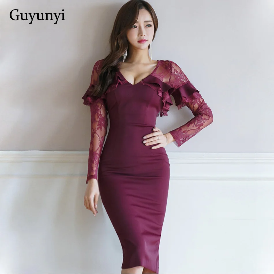 

Guyunyi Plain Color Sexy V-neck Party Dress Female Lace long-sleeved Ruffled Decorative Casual Party Pencil Dress 2019 Spring
