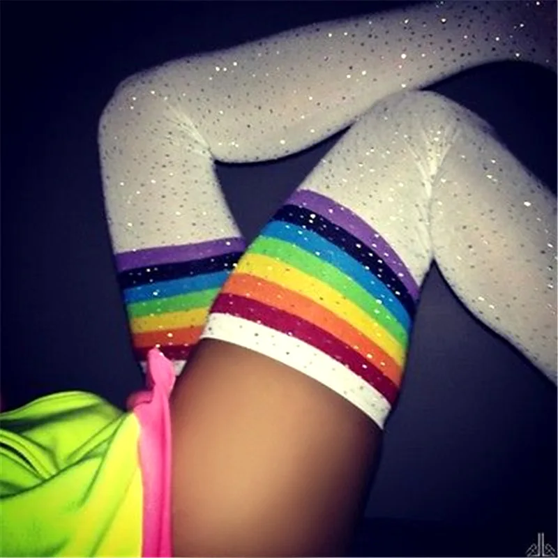 

SP&CITY Women Rainbow Striped Patterned Sexy Rhinestone Knee Stockings Shiny Colored Long Thigh Nightclub Female High Stockings