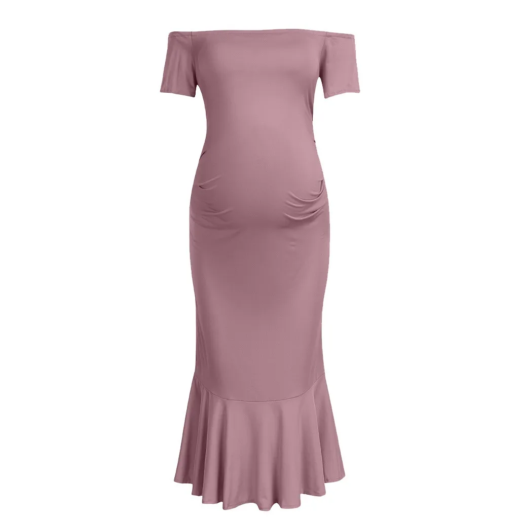Женское платье для беременных с открытыми плечами с коротким рукавом и оборками летнее однотонное платье для беременных летние платья женские Vestido Gestante - Цвет: PK