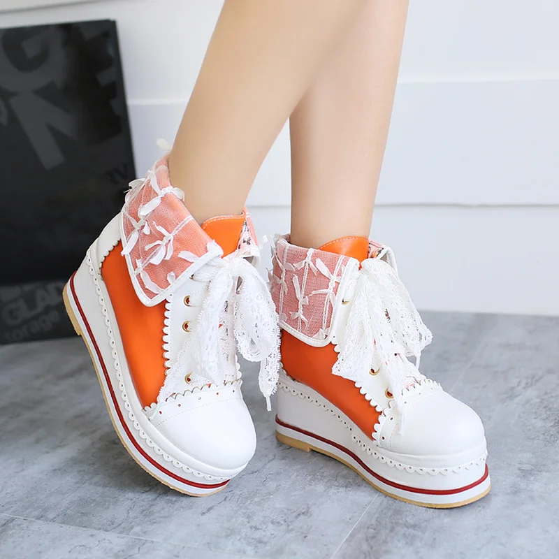 

US4-13 Cute Womens Lace Up Platform Round Toe Ankle Boots Wedge High Heels Lolita Sweet Shoes 4Colors Plus Size A1390