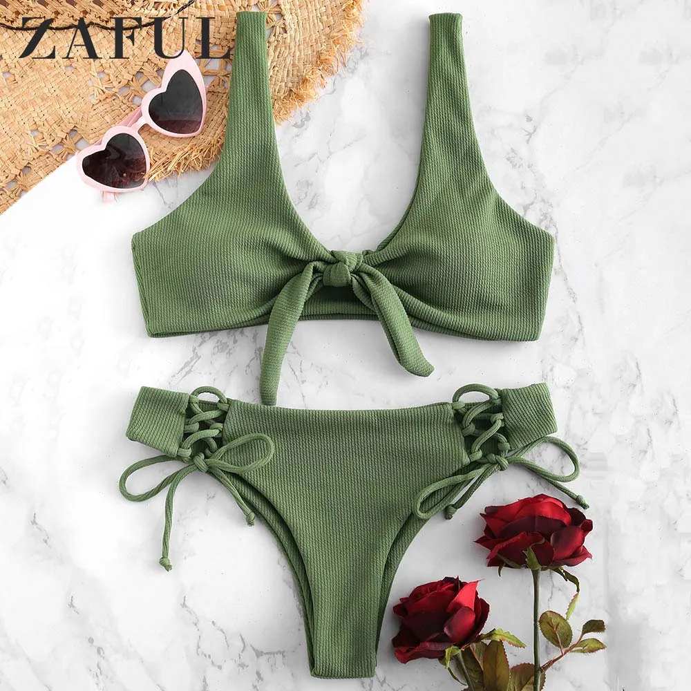 Женский купальник бикини в рубчик ZAFUL с узлом на шнуровке глубоким вырезом пуш ап