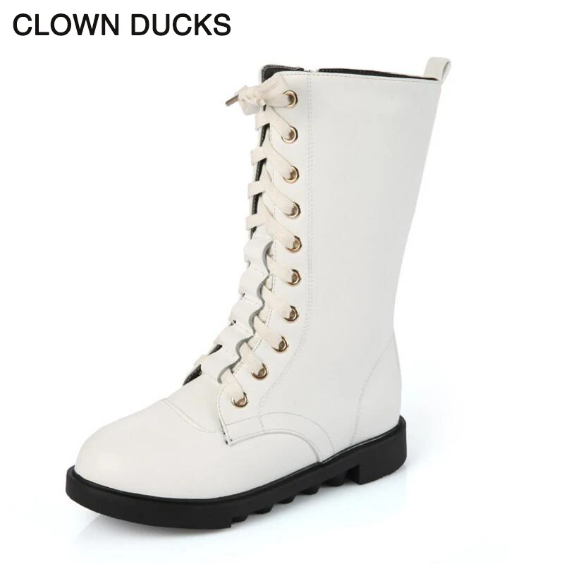 

CLOWN DUCKS Autumn Winter Girls Leather Boots Children White Black Mid-calf Rubber Shoes Kids Antiskid High Boots Martin Boots