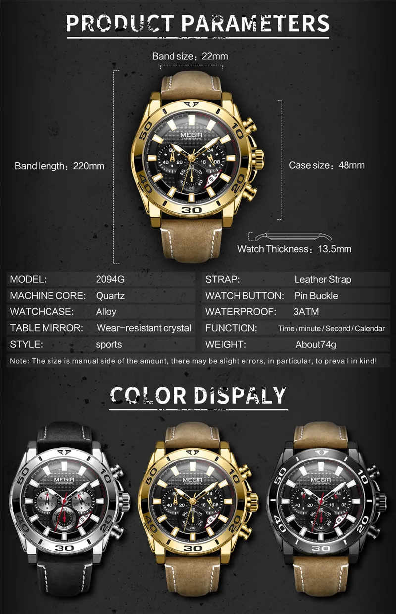 Мужские часы MEGIR с хронографом, топ класса люкс, брендовые кварцевые мужские часы с кожаным ремешком, военные армейские спортивные часы с датой, Подарочная коробка 2094