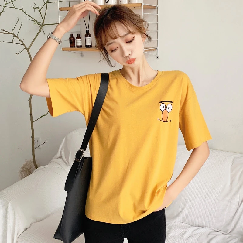 2019 verano mujer camiseta manga corta Mujer elegante letra talla grande bonito bordado suelto sonrisa camiseta Top|Camisetas| - AliExpress