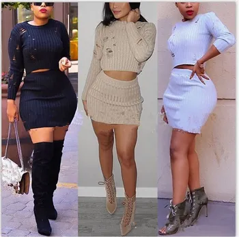 

Women Autumn Knitted Dress Sexy 2 Piece Set Fashion Hollow Out Holes Bodycon Mini Dress Sexy Crop Top Ladies Two Piece Set