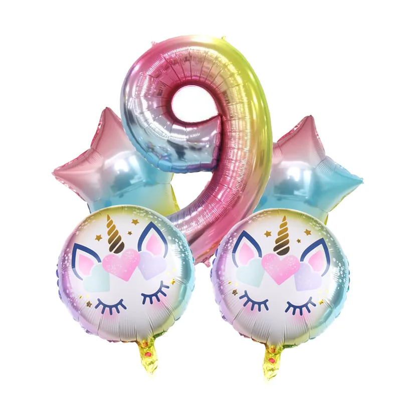 Радужный цветной набор кистей с ручкой в форме единорога номер фольги Воздушные шары на 1-й День Рождения вечерние украшения для детей Детские вечерние шары для девочек 5 шт - Цвет: 9