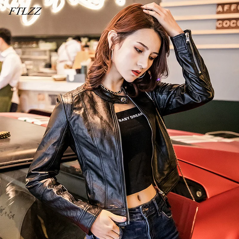 

FTLZZ European Style O Neck PU Leather Jacket New Fashion Motorcycle Leather Outwear Women Slim Biker Coat Basic Streetwear