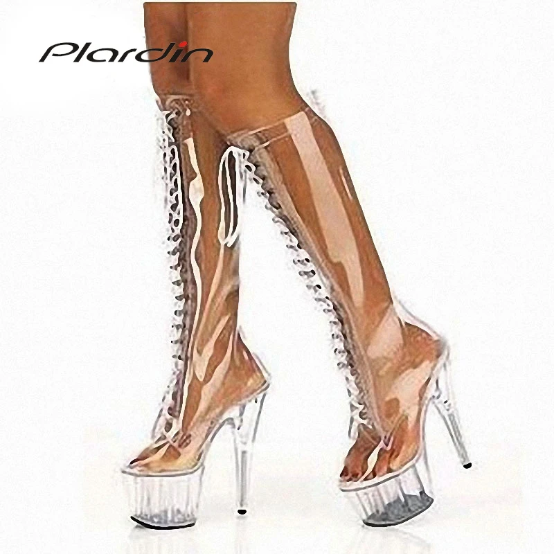 

Plardin Plus Size 35-46 Sexy Transparent 15CM High Heels 5CM Platform Peep Toe Cross-tied Mid-Calf Nightclub Dance Party Boots