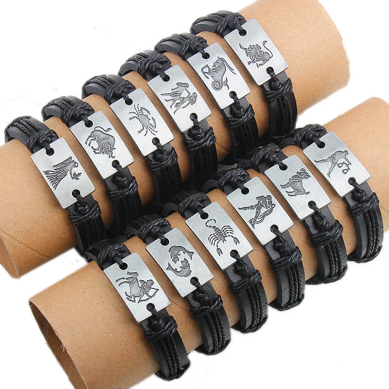 

12pcs/Set 12 Zodiac Signs Bracelet for Men Women Virgo Libra Scorpio Taurus Bracelet Mens Leather Bracelets Fashion Jewelry