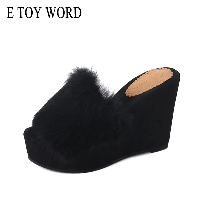 

E TOY WORD Faux Fur Slides 2018 Slip On Wedges Winter Sweet Casual Shoes Woman Platform Fashion Creepers Slippers 3 Colors XWT88