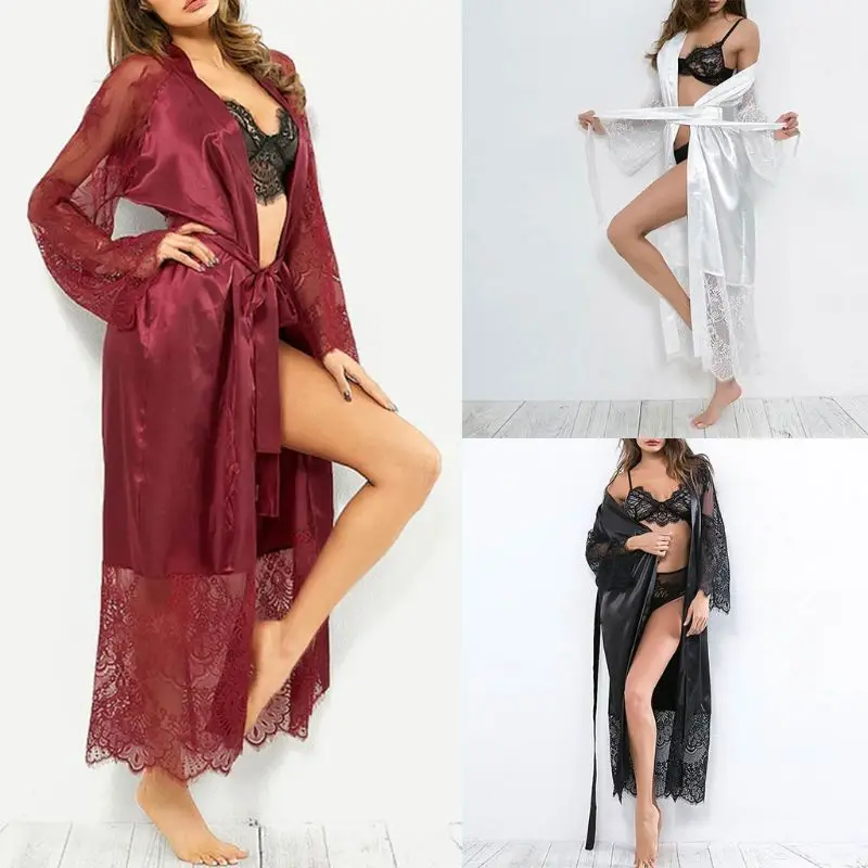 

Women Ice Silk Solid Color Lingerie Bath Robe Sheer Eyelash Floral Lace Long Sleeeves Nightgown Belted Open Front Maxi Sleepwear