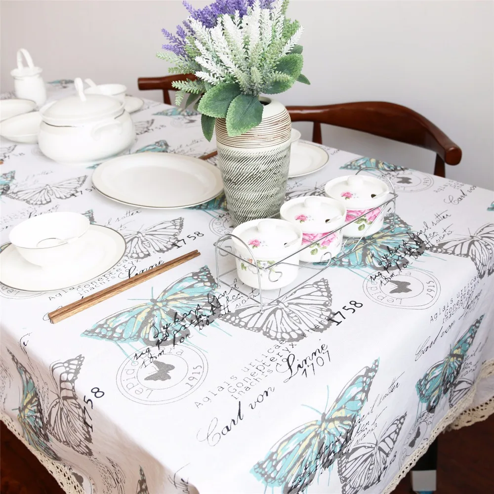 BeddingOutlet Butterfly Tablecloth Cotton Linen Dinner Table Cloth Insect Macrame Decoration Lacy Table Cover Pastoral Washable