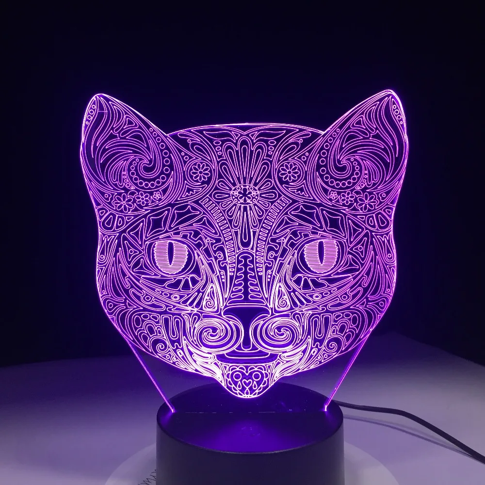 3D визуальная лампа с кошачьим лицом, Оптическая иллюзия, светодиодный Ночной светильник, восхитительный, 7 цветов, художественная кошачья голова, сенсорный выключатель, лампа, Прямая поставка