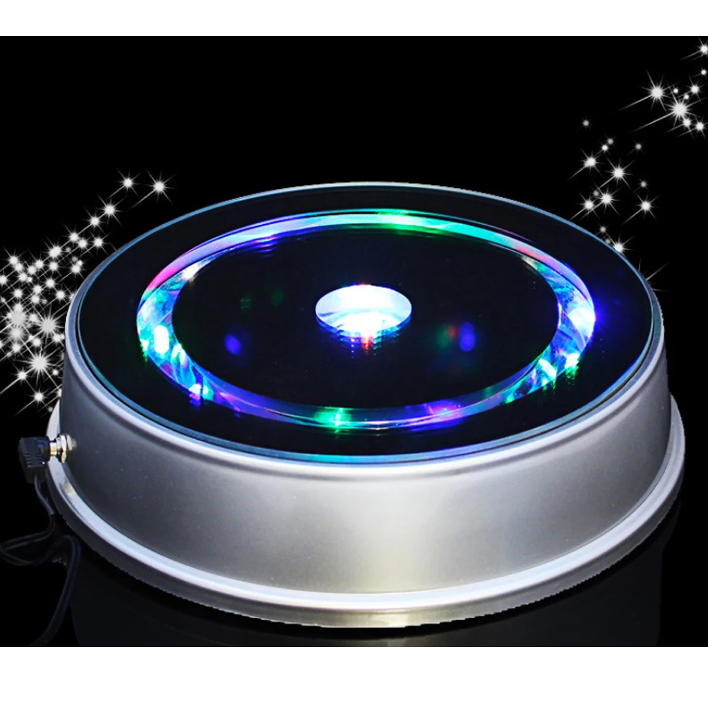 

360 Degree Electric Rotating Display Stand Mirrored Display Turntable 19 LED Lights for Display Jewelry Digital Product Silver