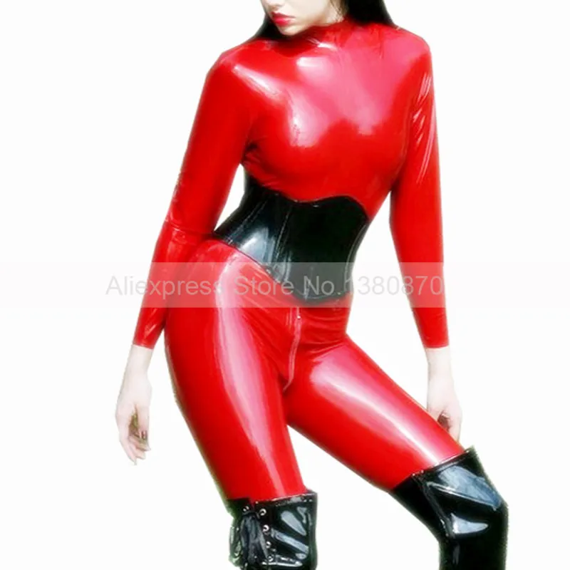 

Red Sexy Rubber Latex Women Catsuit Bodysuit and Black Corset S-LC195
