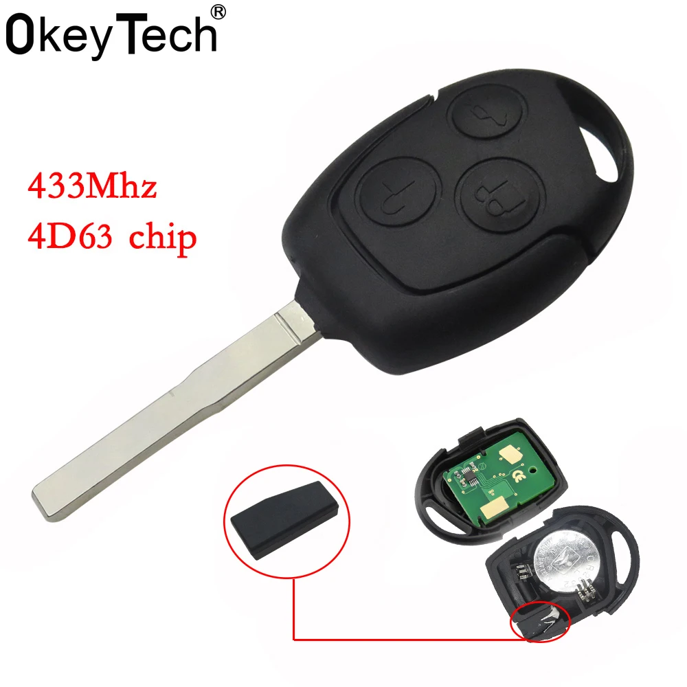 

OkeyTech 3 Buttons Remote Car Key 433MHz With 4D63 Chip Fob HU101 for Ford Focus Fiesta Mondeo Galaxy C-Max S-Max Focus Key Case