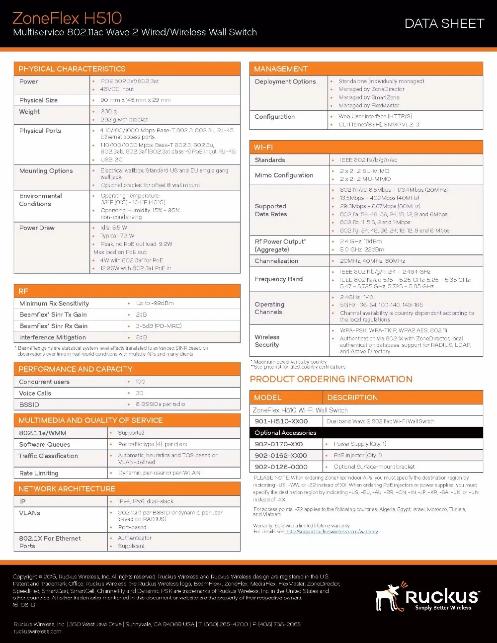 Ruckus wireless ZoneFlex H510 901-H510-WW00(alike 901-H510-US00) точка доступа в гостиницу Wave2, 2,4 ГГц и 5 ГГц, 802.11ac