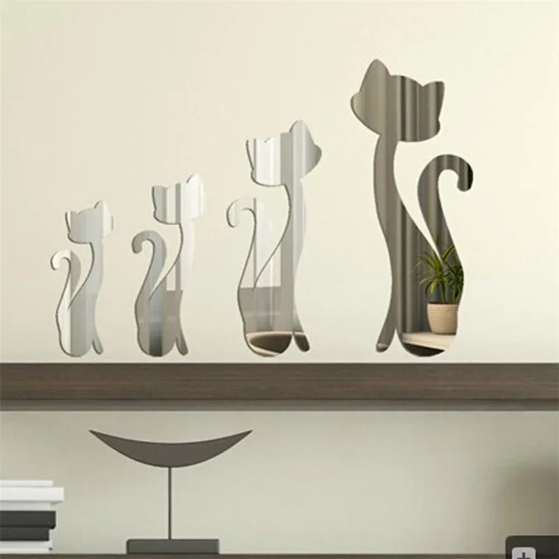 

4pcs Set Acrylic Mirror Kitten Wall Sticker Silver 3D Design Lovely Cat Stickers Self Stick Art DIY Removable Wall Stickers Sale