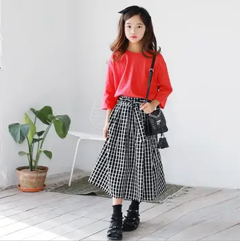 

2019 Korean style girls 2 pcs set t-shirt+plaid skirt fashion spring cotton girls suit 3-8t B3
