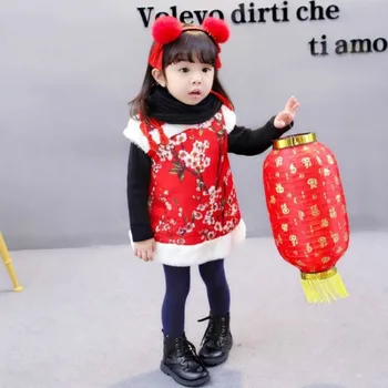 

2018Kid dresses for grils Chinese style red flower plaque pattern plus velvet padded dress Baby Girl Clothing