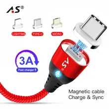 A.S светодиодный магнитный кабель для Lightning Micro USB Type C телефонный кабель для iPhone X 8 7 6 5 Xiaomi 1 м Магнитный зарядный кабель для телефона