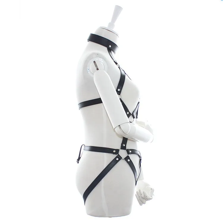  Womens PU Leather Strappy Fetish Body Harness Halter Neck Teddies Cupless G-String Back Bodysuit Er