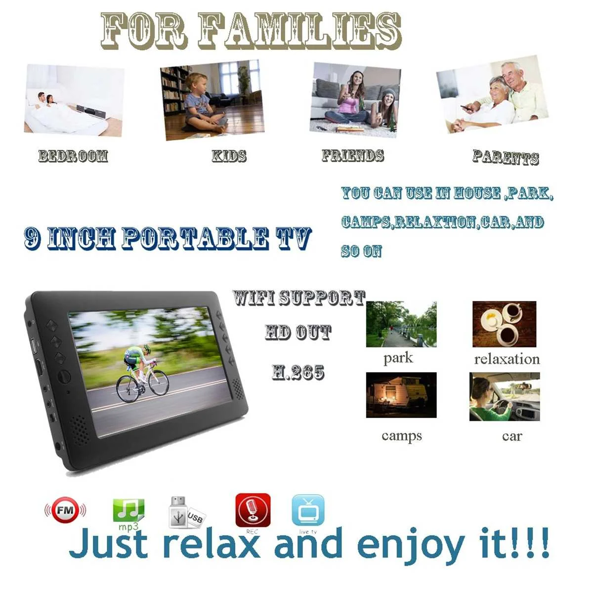 HD WiFi Digitals Analog TV 9-inch Portable Multimedia Player Dolby Sound Support USB Interface Power Display with Remote Control