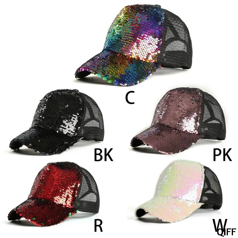 

Womens Unisex Messy Bun Ponytail Baseball Cap Reversible Magic Glitter Sequins Contrast Color Mesh Back Adjustable Trucker Hat