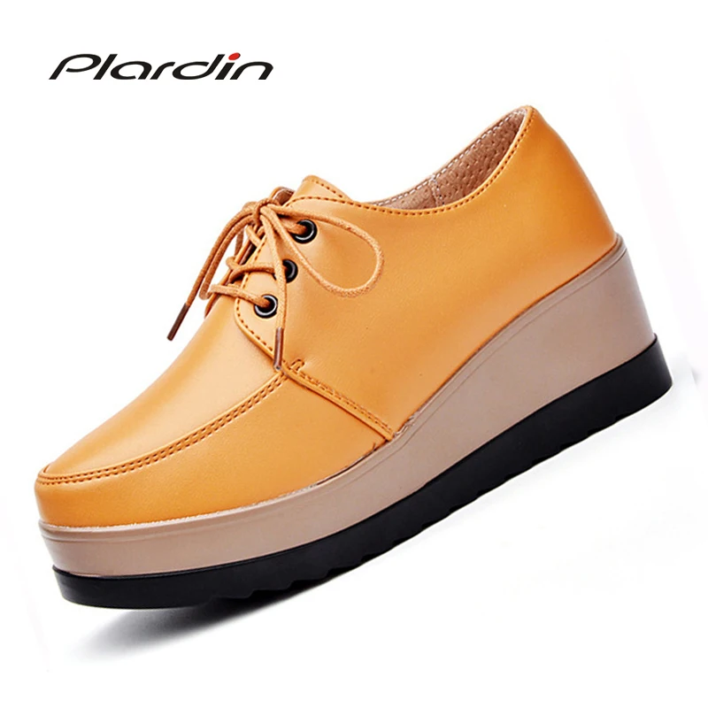 

Plardin New UK Style Wedges Heel Women Shoes Woman Lace Up Round Toe Sewing Leisure Leather Platform Shoes ladies shoes