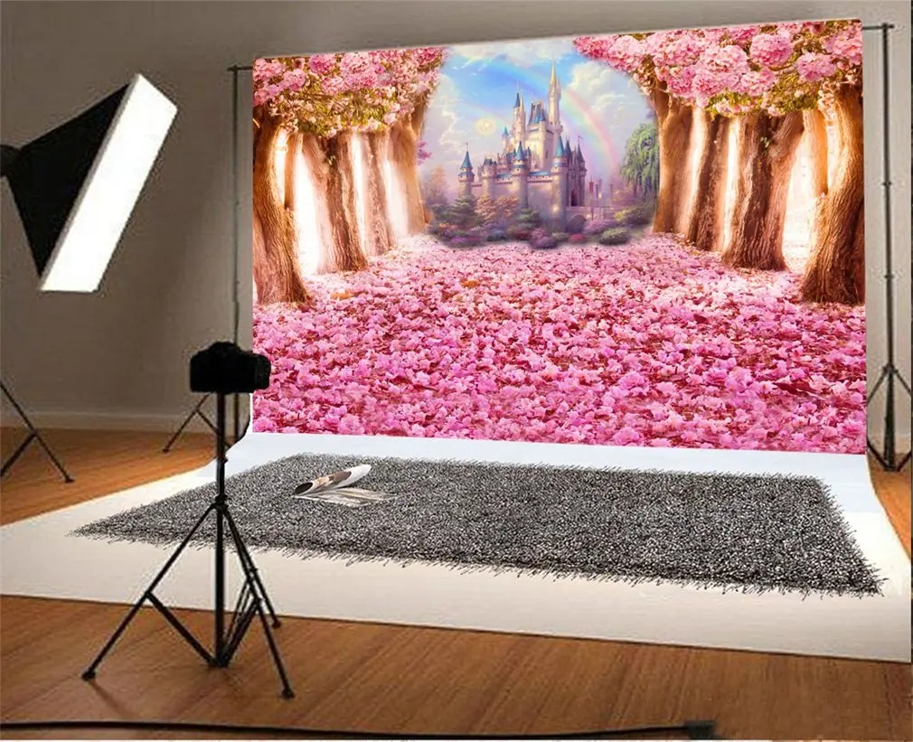 

Photography Backdrop Falling Petal over Romantic Tunnel Pink Flower Trees Castle Photo Background Party