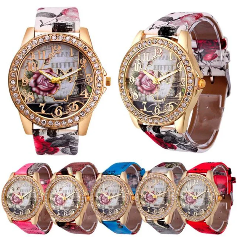 Часы для женщин люксовый бренд наручные часы модная Роза узор Кожаный ремешок аналоговые кварцевые Vogue наручные часы M.23