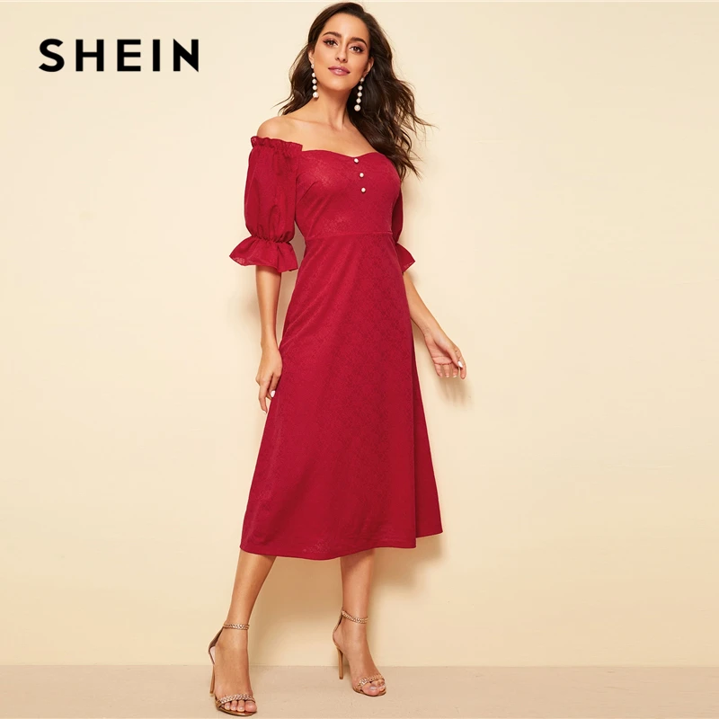SHEIN Расклешенное Платье На Пуговицах С Оригинальным Рукавом И Оборкой Вечерние