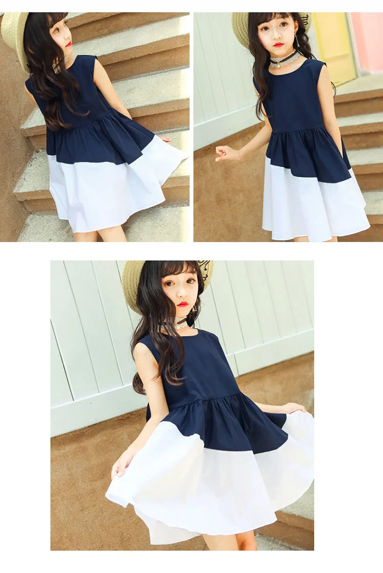 bow little big girls princess dress sleeveless blue white patchwork kids dress summer 2017 child party dresses children clothing (3)