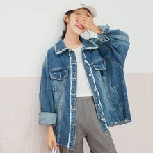 Женские куртки и пальто с отворотом бойфренда, винтажные джинсовые синие джинсовые куртки с бахромой, свободные женские Базовые Куртки, femme