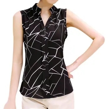 

Women Office Lady Stripe Floral Print Vest Blouse 8 Style Sexy Sleeveless Tops V-neck Button Blusas Shirts Summer Chiffon Shirt
