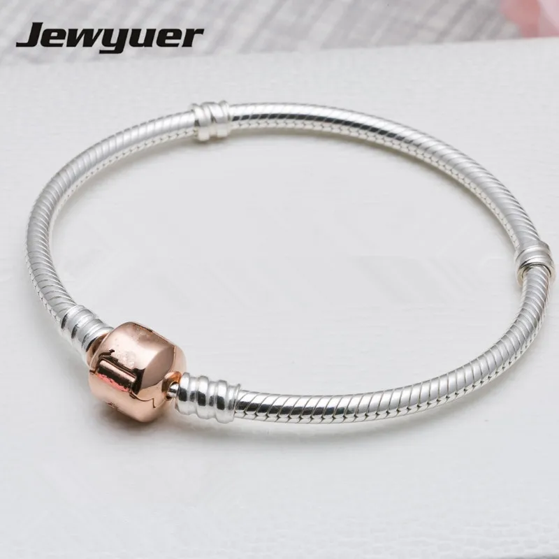 

Silver Bracelets with Rose gold Colour Clasp 925 sterling sivler bracelets bangle for Women Fit Charms Beads Diy Memnon YL003