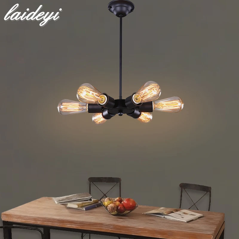 

LAIDEYI Vintage Black Pendant Lights Edison Bulb 6 Heads Ceiling Lamp E27 Bulb Living Room Bar Hall Coffee Decorative