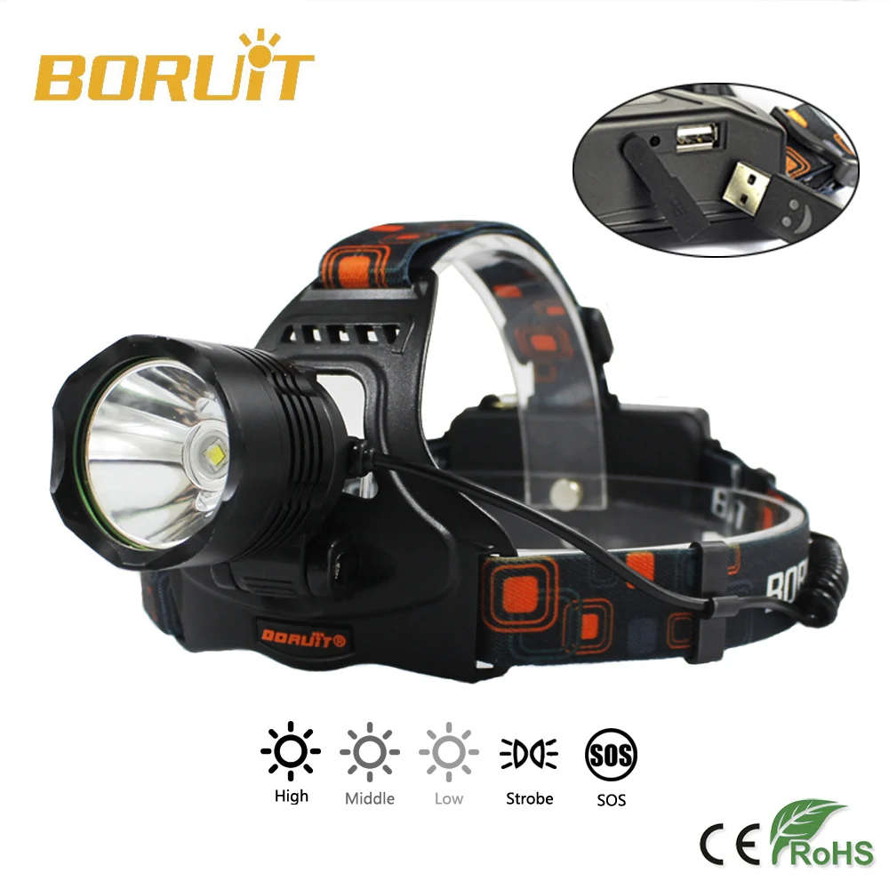 Boruit 2500LM XM-L2 светодиодный налобный фонарь USB лампа+ зарядное устройство переменного тока+ аккумулятор 2X18650 для кемпинга, рыбалки, велоспорта, скалолазания