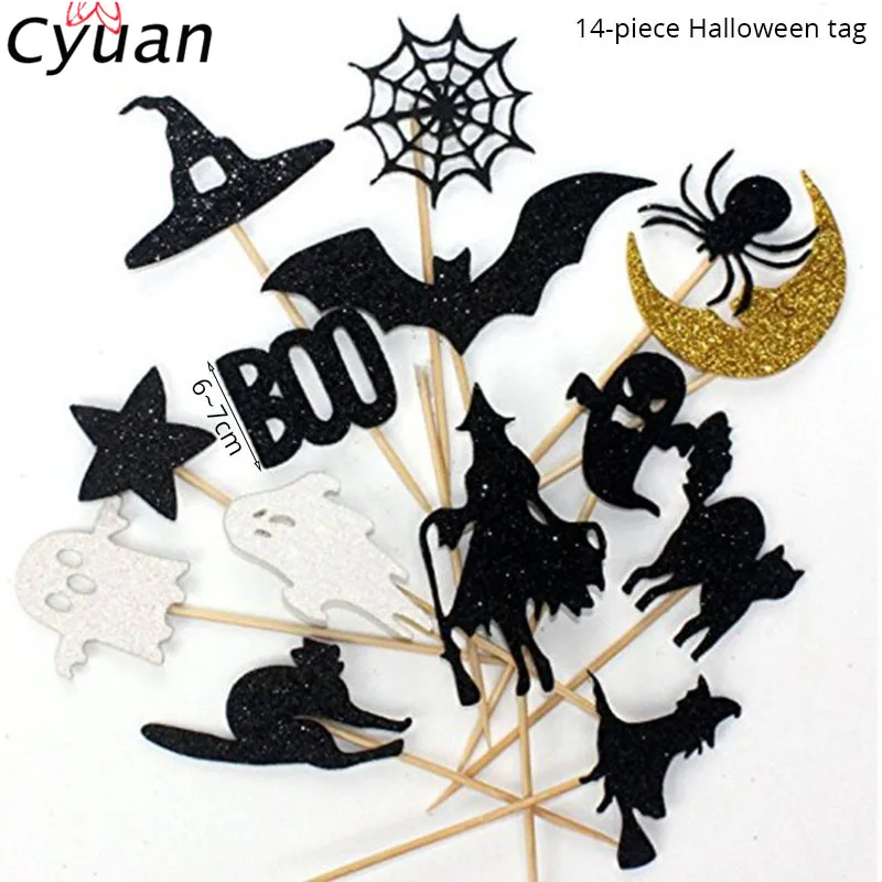 

Cyuan 14Pcs Halloween Party Cake Toppers Witch Bat Ghost Cake Decorating Flags Kids Happy Halloween Decoration Cake Topper Flag