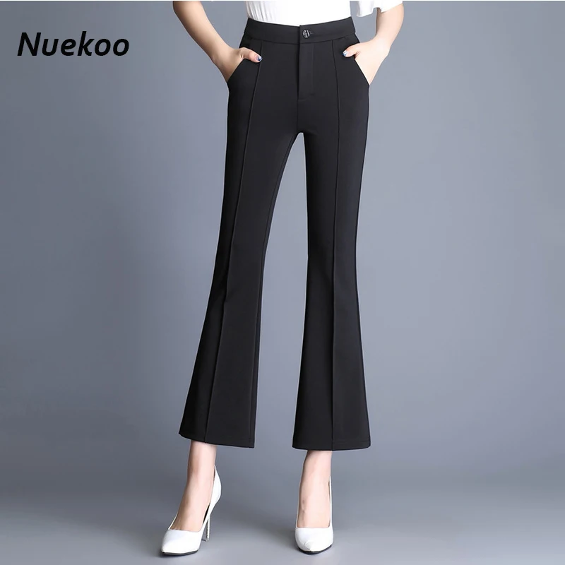 NUEKOO Spring Summer Women Cropped Flare Pants Plus Size Black Flared