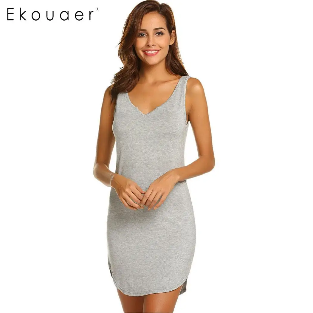 Ekouaer хлопковая ночная рубашка для женщин Повседневное мягкие пижамы платье одноцветное V средства ухода за кожей шеи без рукавов